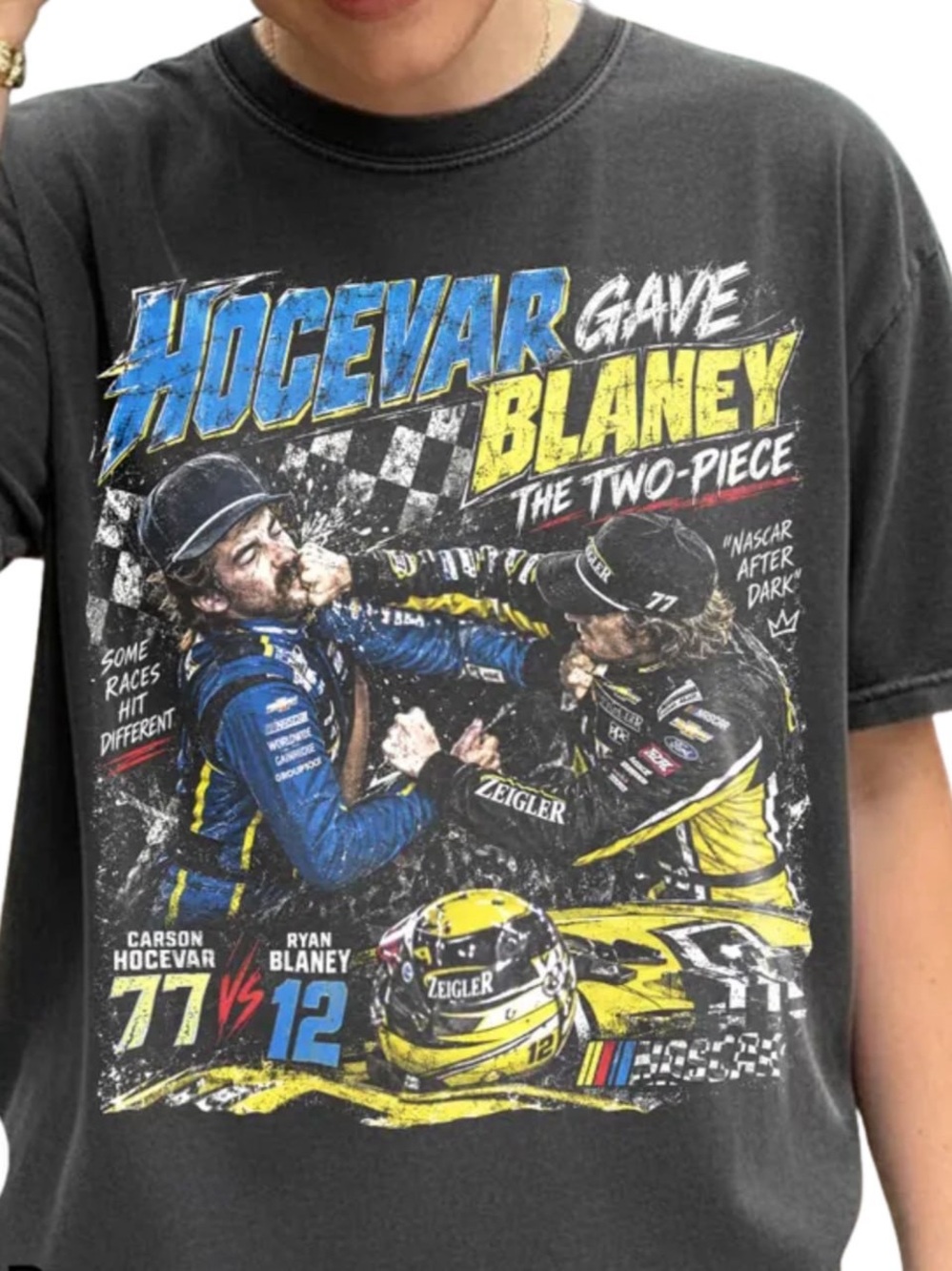 Comfort Colors Pepper Hocevar vs Blaney Graphic Tee with Yellow & Blue Accents